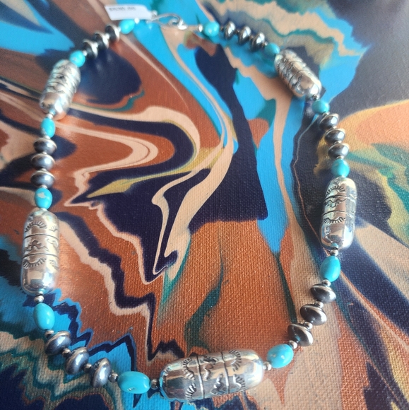 Sterling Silver and Turquoise Beaded Necklace Made In New Mexico 18 Inches - Picture 7 of 10